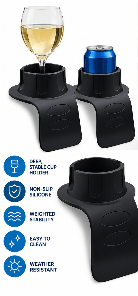 Spa Tender 2 pack Hot Tub Cup Holder – Flexible Silicone Drink Holder for Hot Tubs, Swim Spas, Above Ground Pools, Sofa & Chair Arms – Weighted Non-Slip Holder for Cups, Bottles, Cans, Phones & Remotes – BLACK - Spa Tender Store-Hot Tub & Spa Accessories