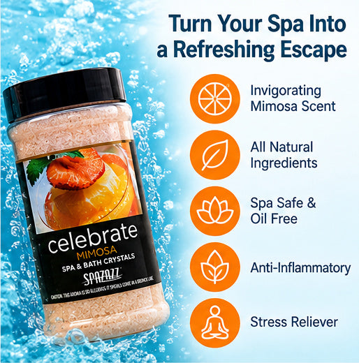 Spazazz Celebrate Mimosa Spa & Bath Crystals – 17 oz Aromatherapy Hot Tub Fragrance, Citrus & Berry Scent, Oil-Free Spa Crystals for Hot Tubs, Spas, Jetted Tubs & Baths
