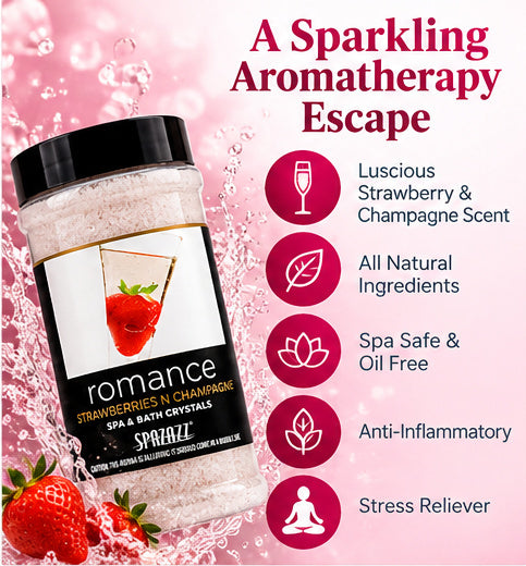 🍓 STRAWBERRIES & CHAMPAGNE FRAGRANCE – Enjoy the romantic aroma of luscious strawberries and sparkling champagne-inspired fragrance. Spazazz Romance adds a sweet, fruity, festive atmosphere to your hot tub, spa, or bath.