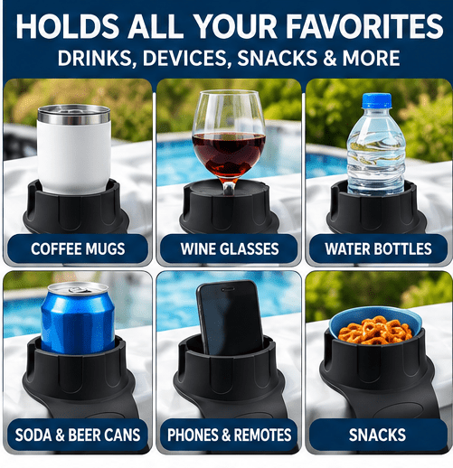 Spa Tender 2 pack Hot Tub Cup Holder – Flexible Silicone Drink Holder for Hot Tubs, Swim Spas, Above Ground Pools, Sofa & Chair Arms – Weighted Non-Slip Holder for Cups, Bottles, Cans, Phones & Remotes – BLACK - Spa Tender Store-Hot Tub & Spa Accessories