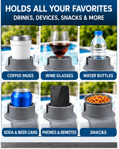 Spa Tender 2 pack Hot Tub Cup Holder – Flexible Silicone Drink Holder for Hot Tubs, Swim Spas, Above Ground Pools, Sofa & Chair Arms – Weighted Non-Slip Holder for Cups, Bottles, Cans, Phones & Remotes – Gray - Spa Tender Store-Hot Tub & Spa Accessories