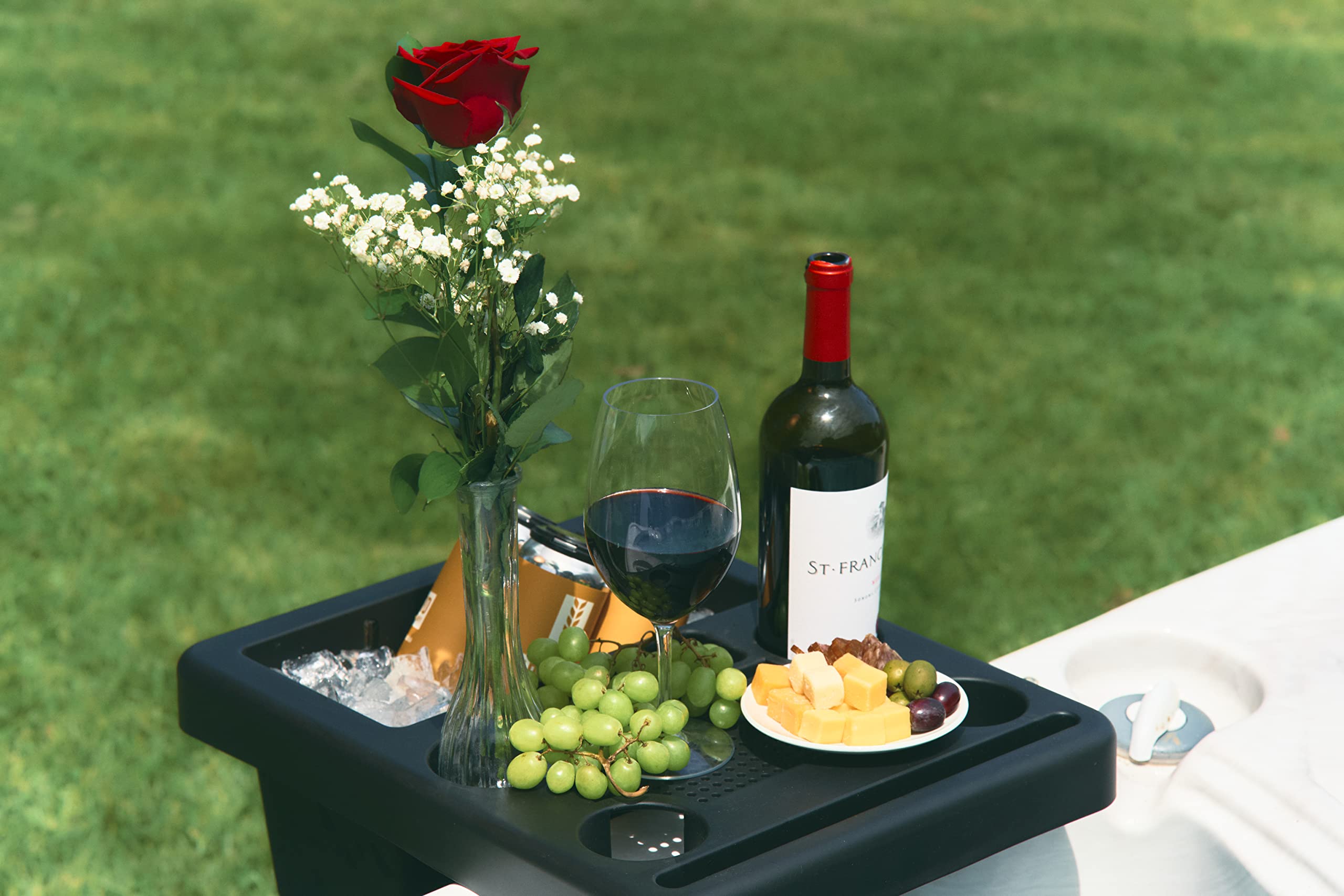 Enjoy Snacking and Drinks with This Combination Hot Tub Table, Drink Holder, Snack Tray, Hot Tub Ice Bucket, Towel Holder, Phone and Tablet Stand.This Hot Tub Accessory Makes a Great Hot Tub Gift.