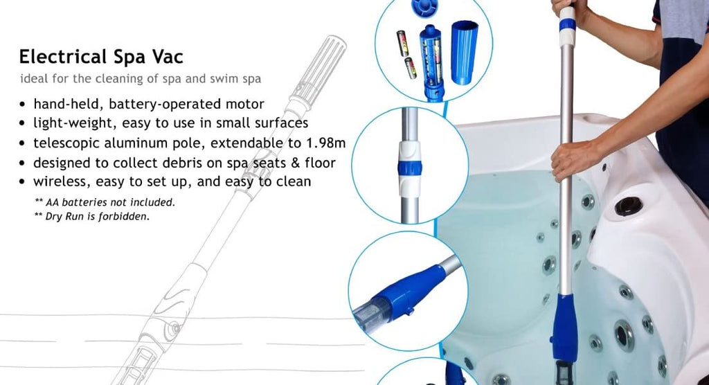 Hot Tub/Spa Battery Operated Vacuum Cleaner with Scrubbing Brush, Extension Pole up to 6.5 Foot - Lightweight, Adjustable Handle, Strong Suction for Hot Tubs and Spa (Blue)