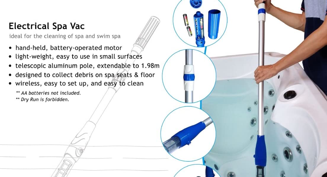 Hot Tub/Spa Battery Operated Vacuum Cleaner with Scrubbing Brush, Extension Pole up to 6.5 Foot - Lightweight, Adjustable Handle, Strong Suction for Hot Tubs and Spa (Blue)