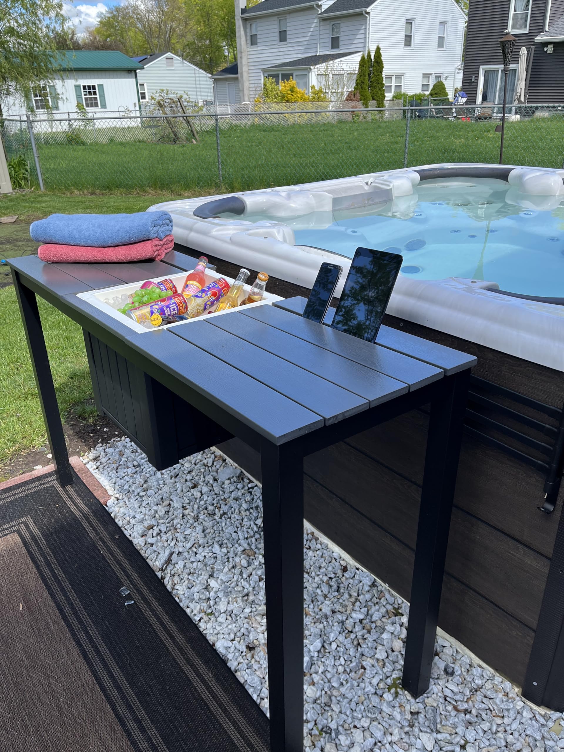 Spatender Patio Bar Table- Hot tub Side Tabel with Ice Cooler/Towel Warmer, Phone and Tablet Stand with Rustproof Extruded Aluminum Frame and Marine Grade Polimer Top 20 yr Warrantee