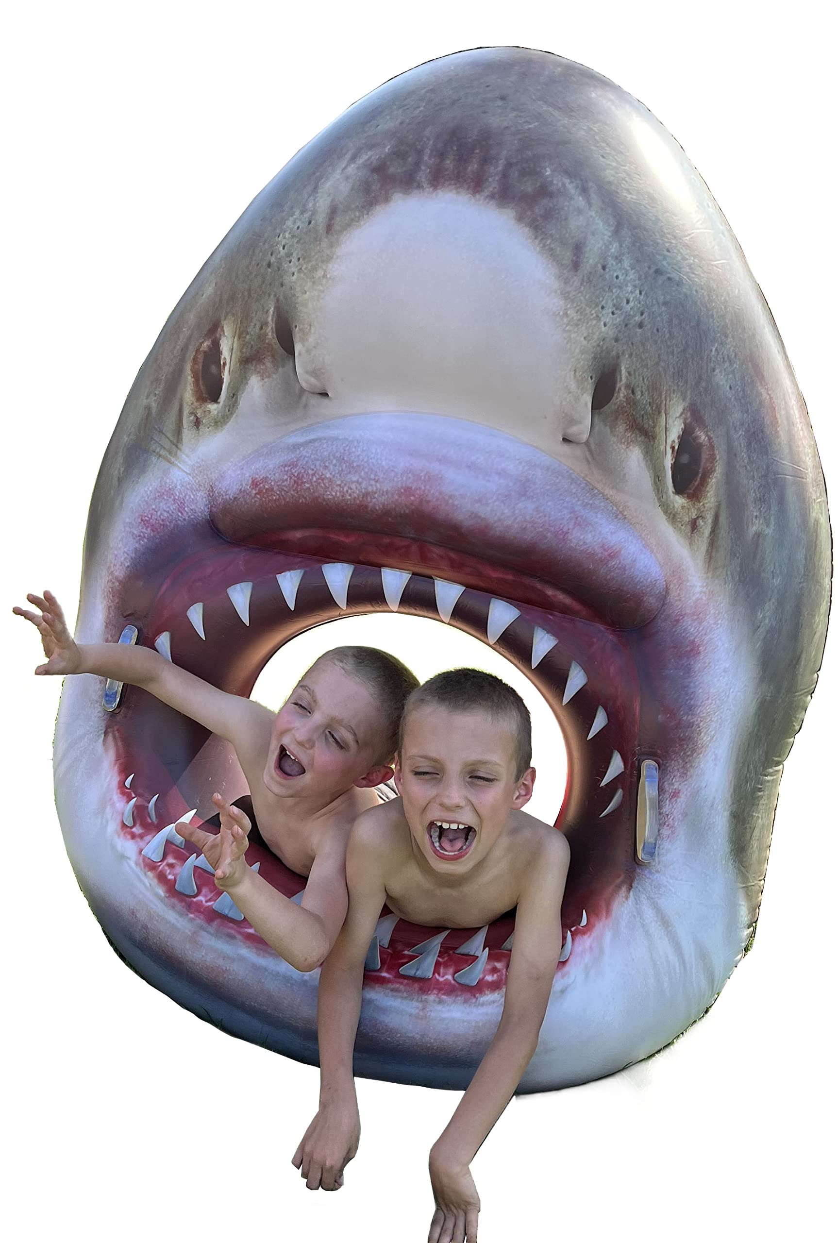 Jumbo Inflatable Shark Head Pool Float! This Cool and Funny Pool Float with Lifelike Features is Perfect for Pool Parties, Birthday Parties,Beach Parties or just a Floating Pool Lounge!