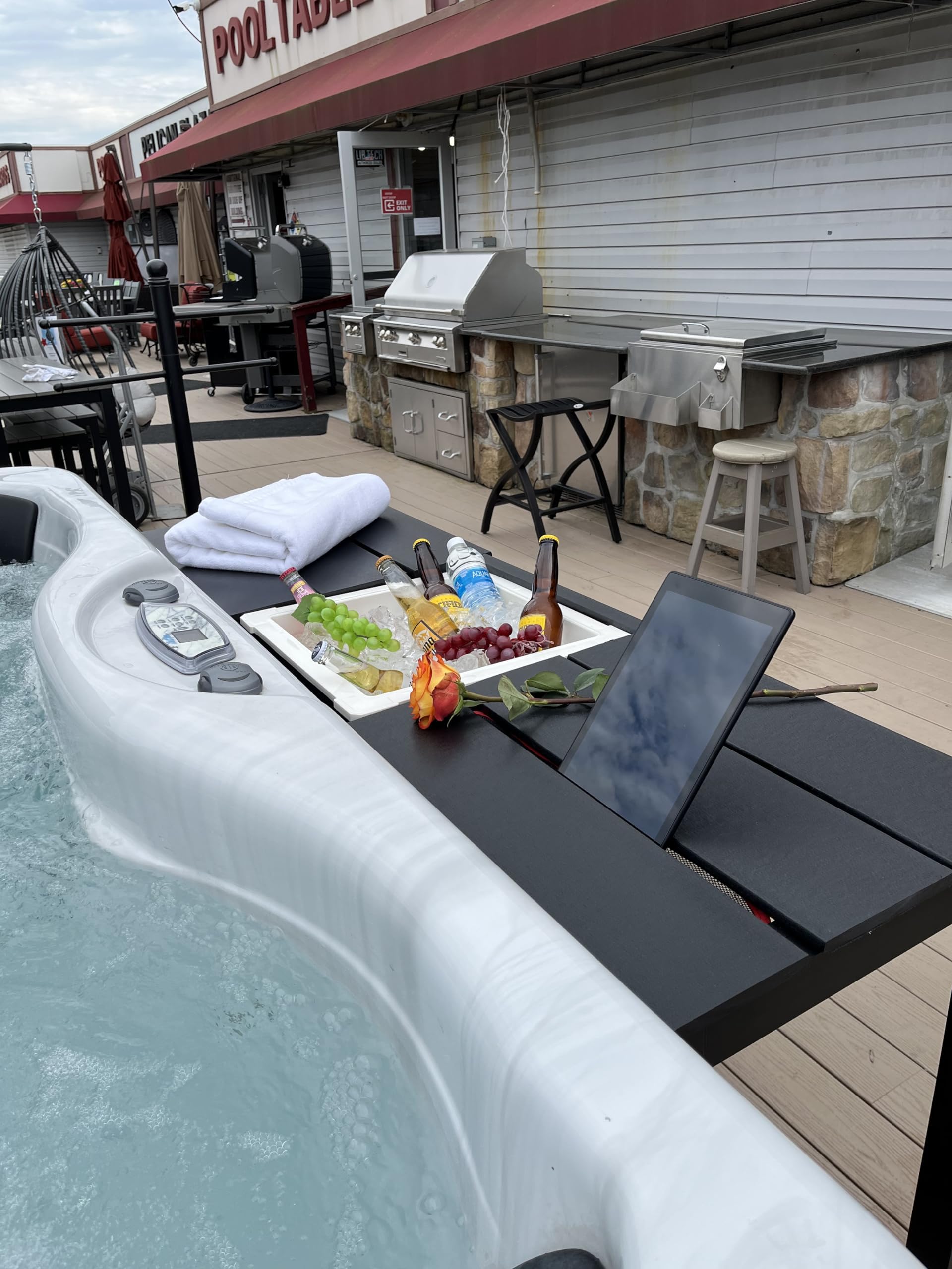 Spatender Patio Bar Table- Hot tub Side Tabel with Ice Cooler/Towel Warmer, Phone and Tablet Stand with Rustproof Extruded Aluminum Frame and Marine Grade Polimer Top 10 yr Warrantee