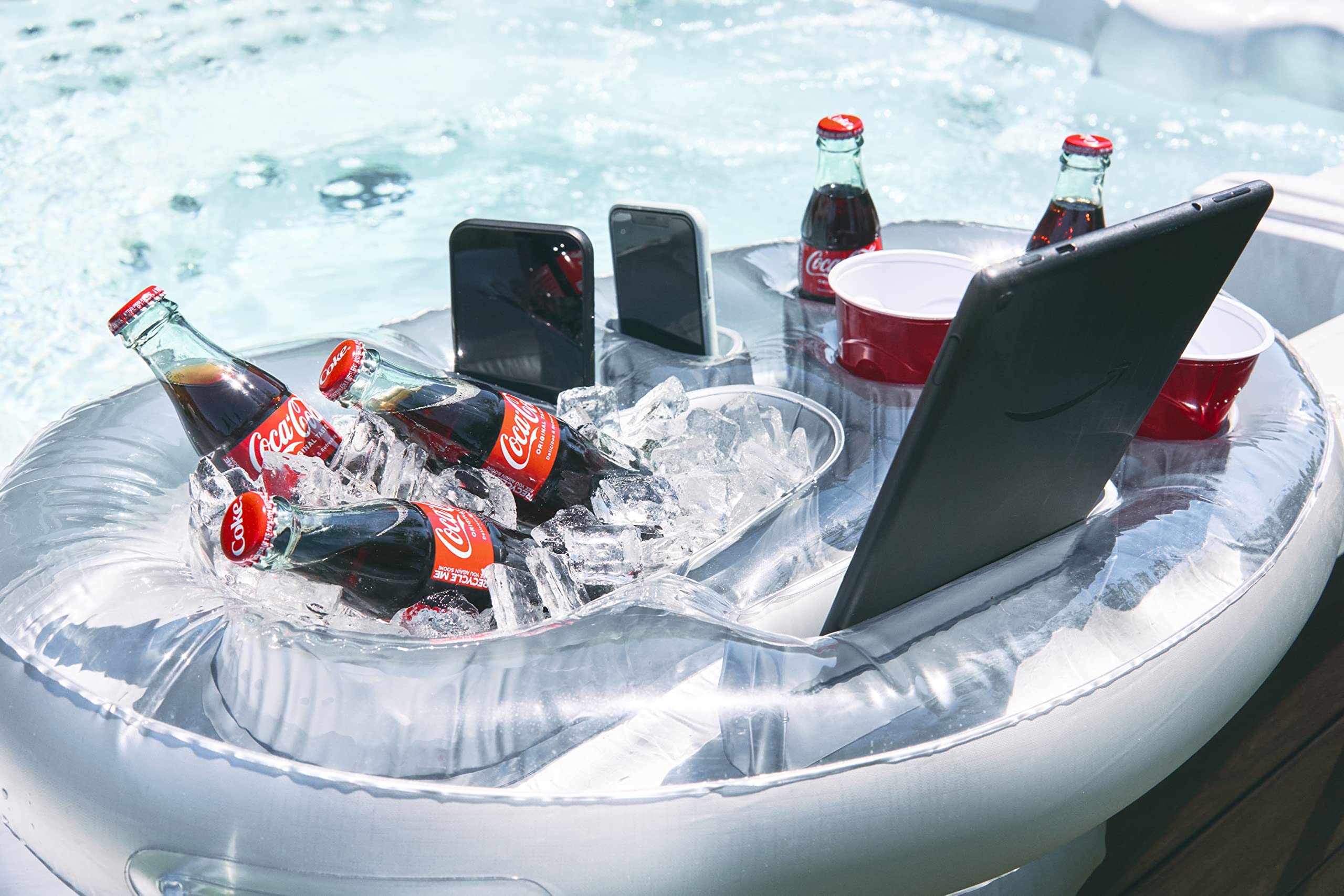 SpaTender Luxury Inflatable Side Mount Floating Drink Holder, Pool Drink Food Float Tray with 8 Holes Large Capacity for Hot Tub,Pool & spa, for Romance, Parties & Beach(Sliver)
