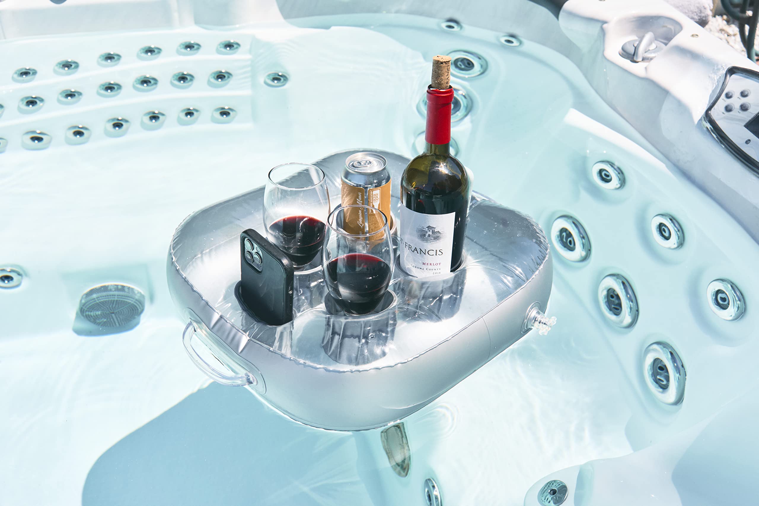 Luxury Inflatable Floating Drink Holder for Pool and Hot tub Holds Food, Drink, Phone Cups, Beer Pong Cups, for Parties, Romance, & Beach Great Gift for Hot Tub Owners (Sliver)
