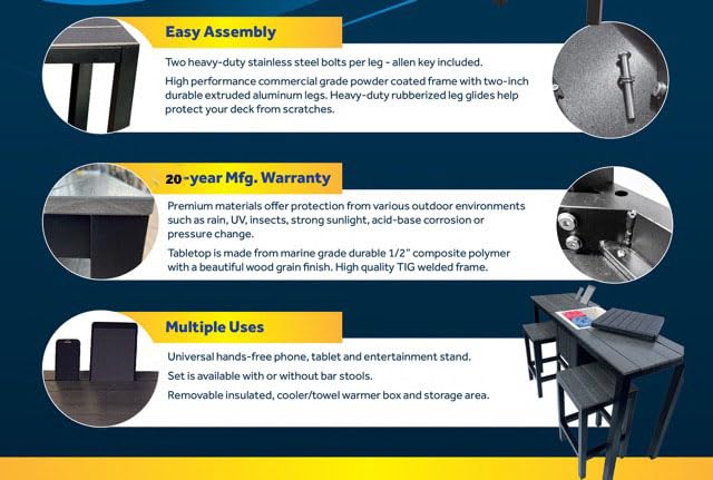 Spatender Patio Bar Table- Hot tub Side Tabel with Ice Cooler/Towel Warmer, Phone and Tablet Stand with Rustproof Extruded Aluminum Frame and Marine Grade Polimer Top 20 yr Warrantee