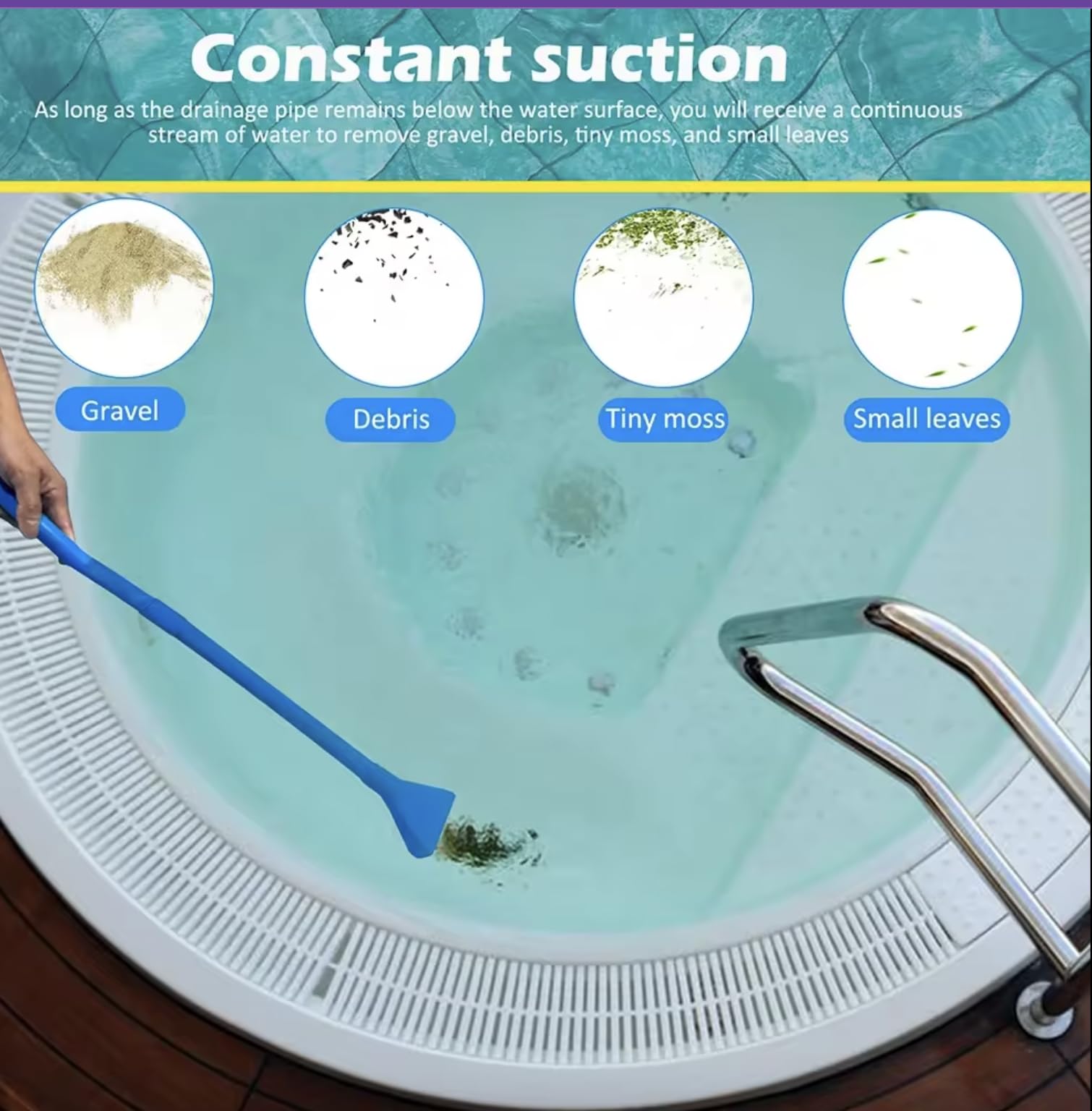 Spatender Hot Tub Siphon Vacuum Cleaner, Cordless Vacuum for Hot Tubs, Strong Suction, Lightweight, NO Batteries. for Cleaning Dirt, Grass, Sand and Other Debris from hot tub, spa, Small Pool, blue