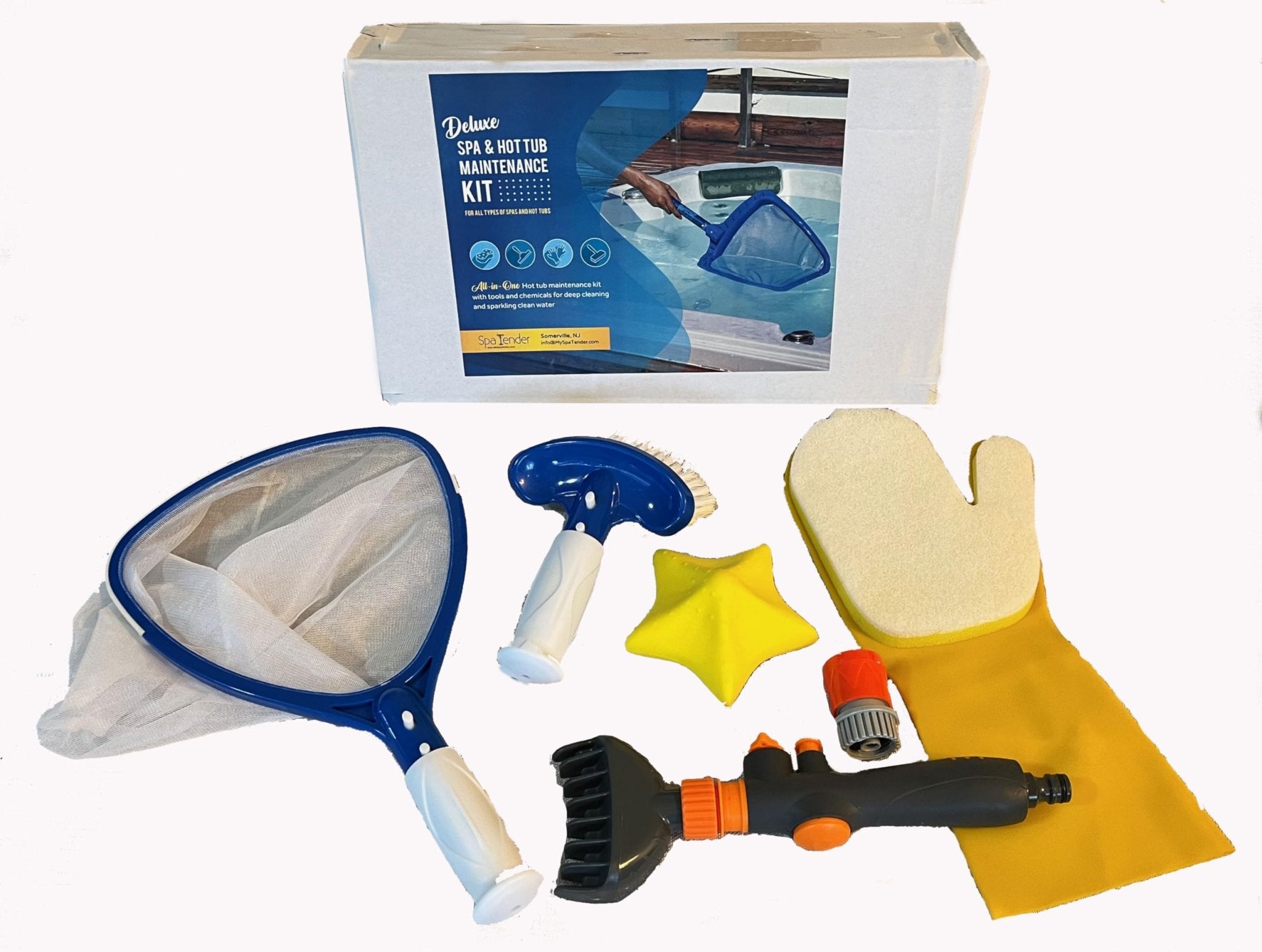 5 Piece Hot Tub Tool Kit and Spa Maintenance Kit with Hand Skimmer, Jet Brush, and Scrubber Mitt, Cartridge Cleaning Tool, and Floating scum Remover. - Small Pool Cleaning Maintenance accessorie - Spa Tender Store - 