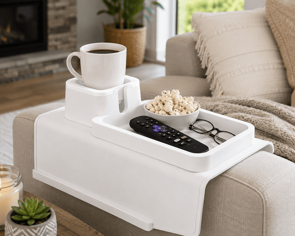 Hot Tub Cup Holder and Tray – Silicone Couch Armrest Organizer with Drink Holder for Coffee Mugs, Wine Glasses, Water Bottles, Beer Cans, TV Remote & Snacks – Fits Sofa, Recliner, Hot Tub & Bathtub (white)) - Spa Tender Store-