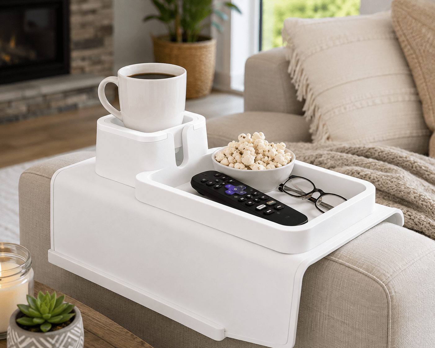 Hot Tub Cup Holder and Tray – Silicone Couch Armrest Organizer with Drink Holder for Coffee Mugs, Wine Glasses, Water Bottles, Beer Cans, TV Remote & Snacks – Fits Sofa, Recliner, Hot Tub & Bathtub (white)) - Spa Tender Store-