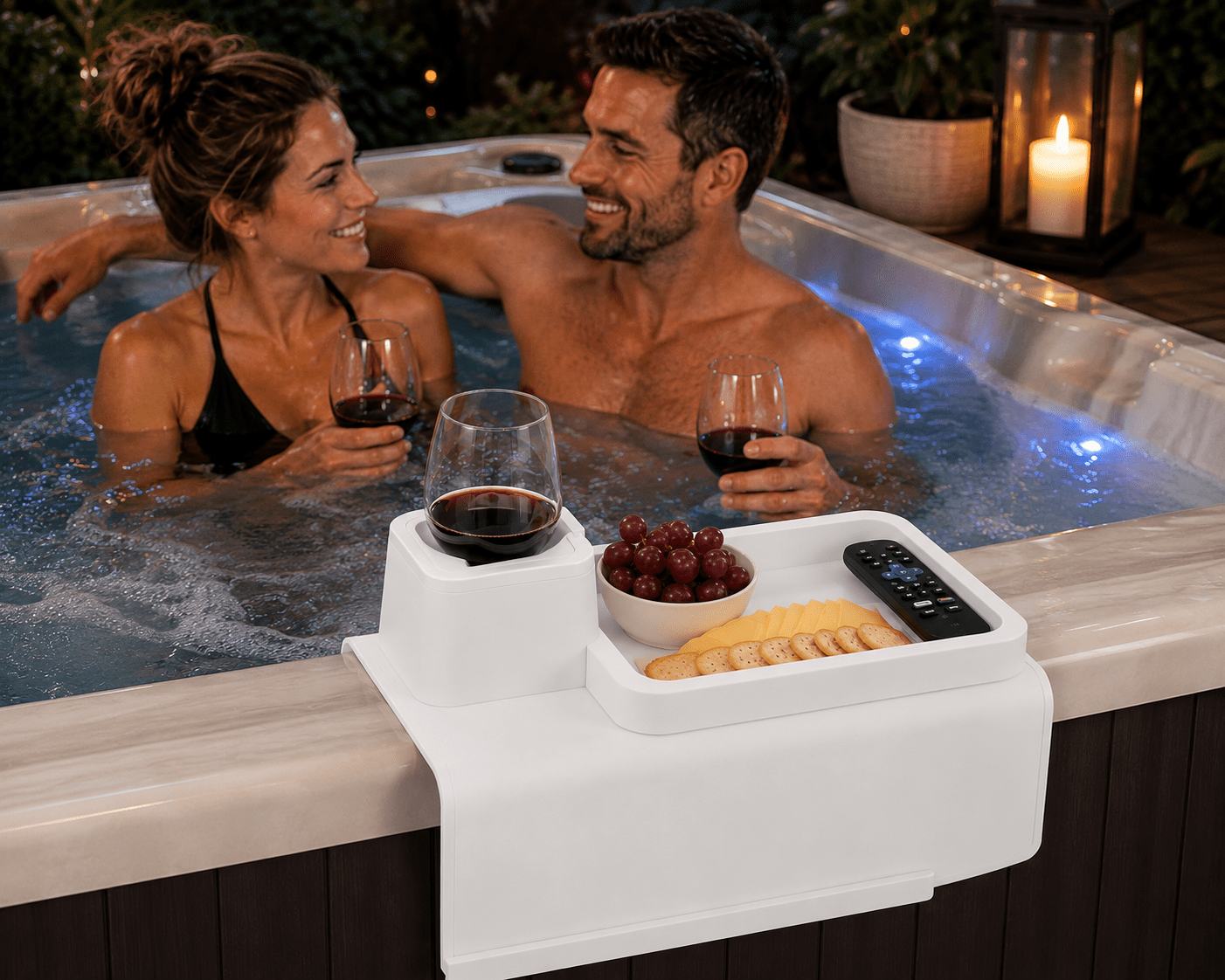 Hot Tub Cup Holder and Tray – Silicone Couch Armrest Organizer with Drink Holder for Coffee Mugs, Wine Glasses, Water Bottles, Beer Cans, TV Remote & Snacks – Fits Sofa, Recliner, Hot Tub & Bathtub (white)) - Spa Tender Store-