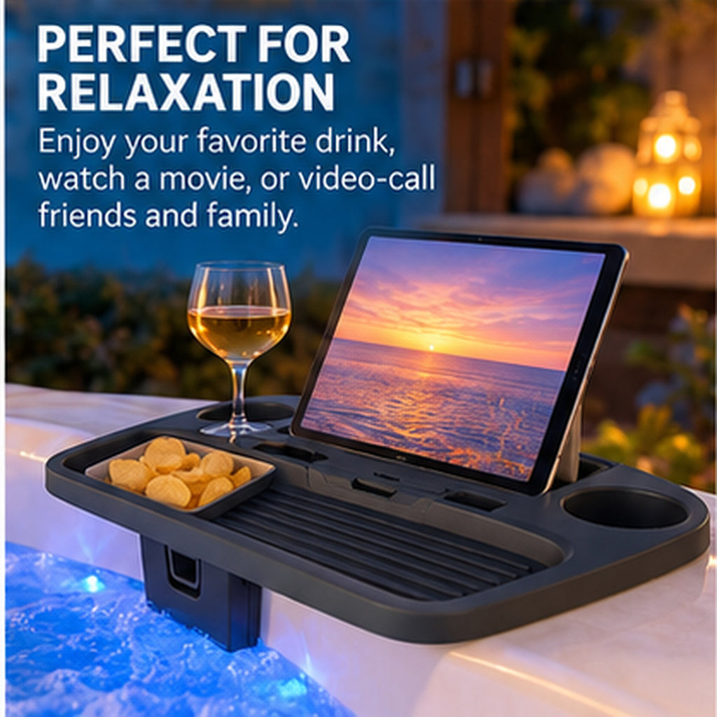 Life Spa Tray Table – Adjustable Hot Tub Side Table with Waterproof Storage, 2 Cup Holders & Tablet Holder – Spa & Above Ground Pool Accessory