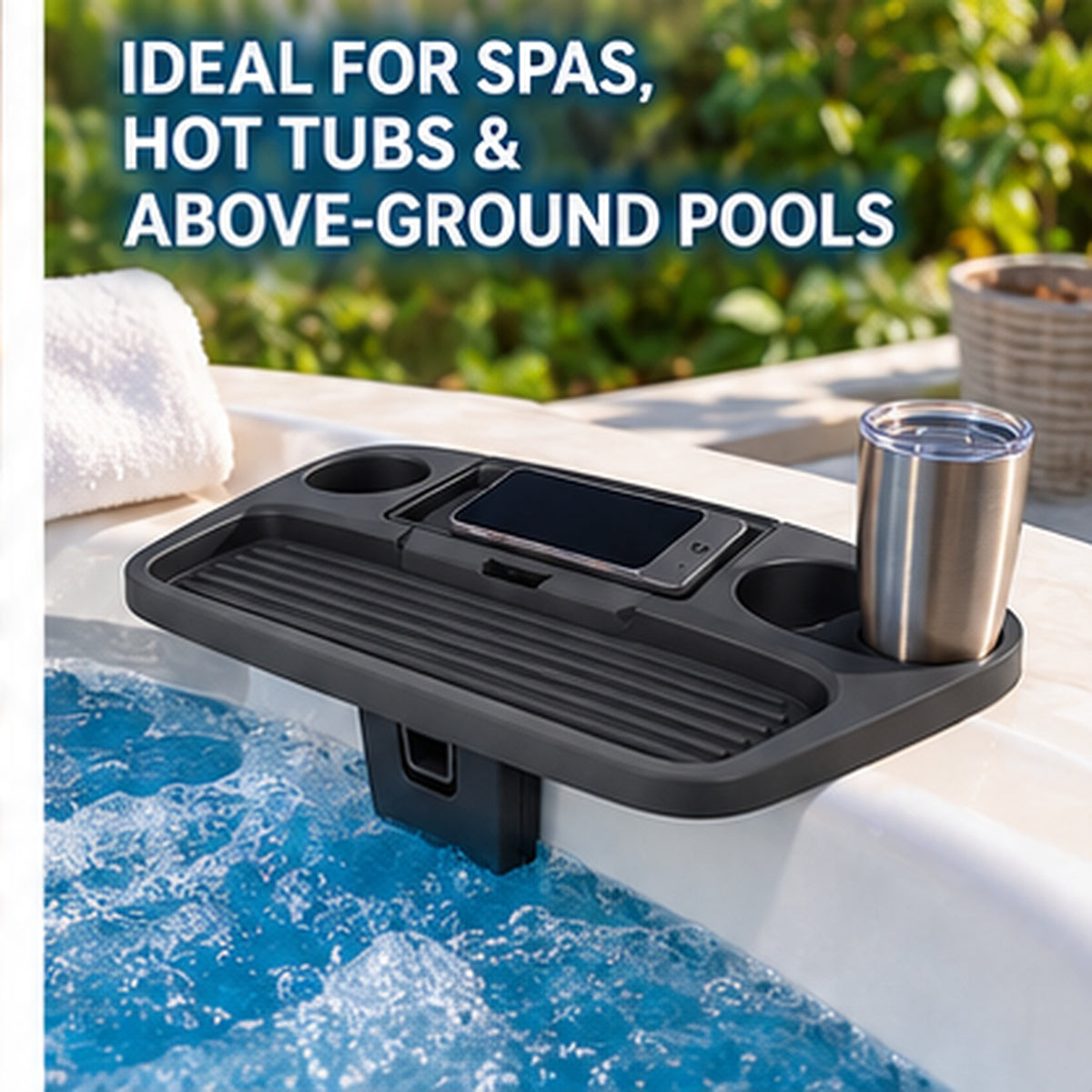 Life Spa Tray Table – Adjustable Hot Tub Side Table with Waterproof Storage, 2 Cup Holders & Tablet Holder – Spa & Above Ground Pool Accessory