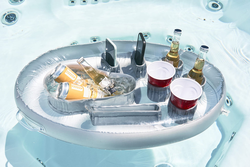 SpaTender Luxury Inflatable Side Mount Floating Drink Holder, Pool Drink Food Float Tray with 8 Holes Large Capacity for Hot Tub,Pool & spa, for Romance, Parties & Beach(Sliver)
