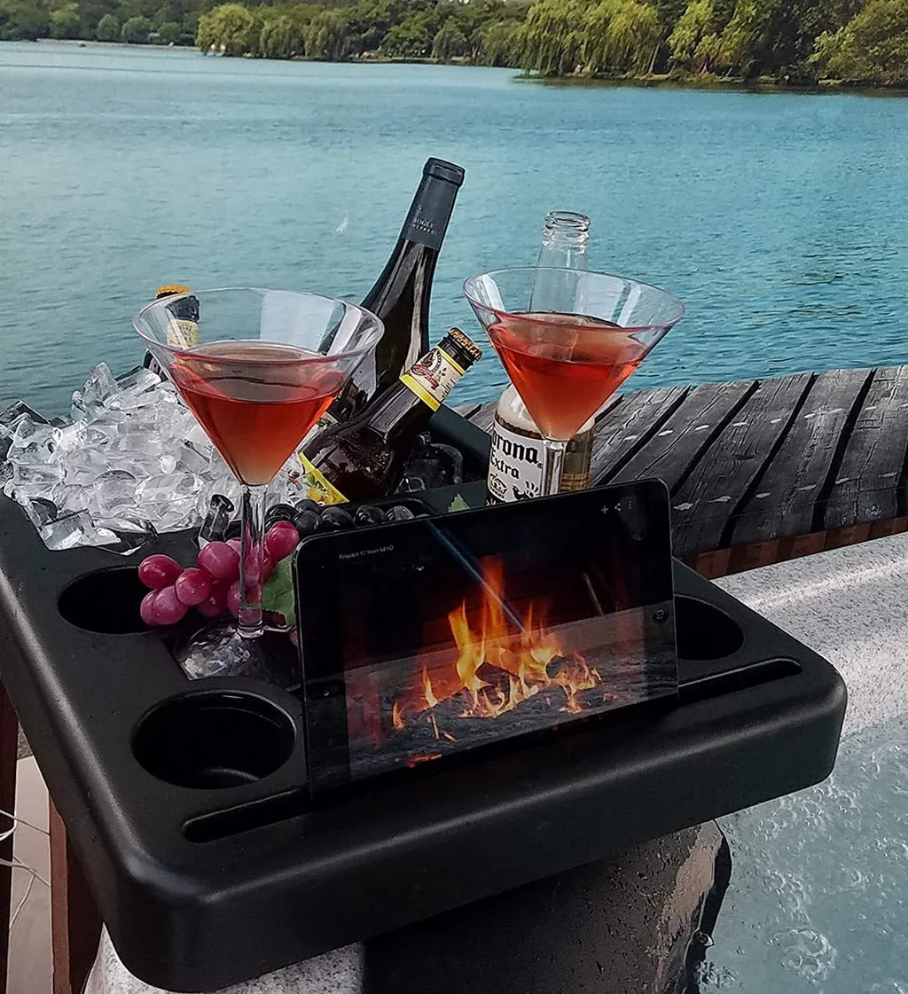 Enjoy Snacking and Drinks with This Combination Hot Tub Table, Drink Holder, Snack Tray, Hot Tub Ice Bucket, Towel Holder, Phone and Tablet Stand.This Hot Tub Accessory Makes a Great Hot Tub Gift.