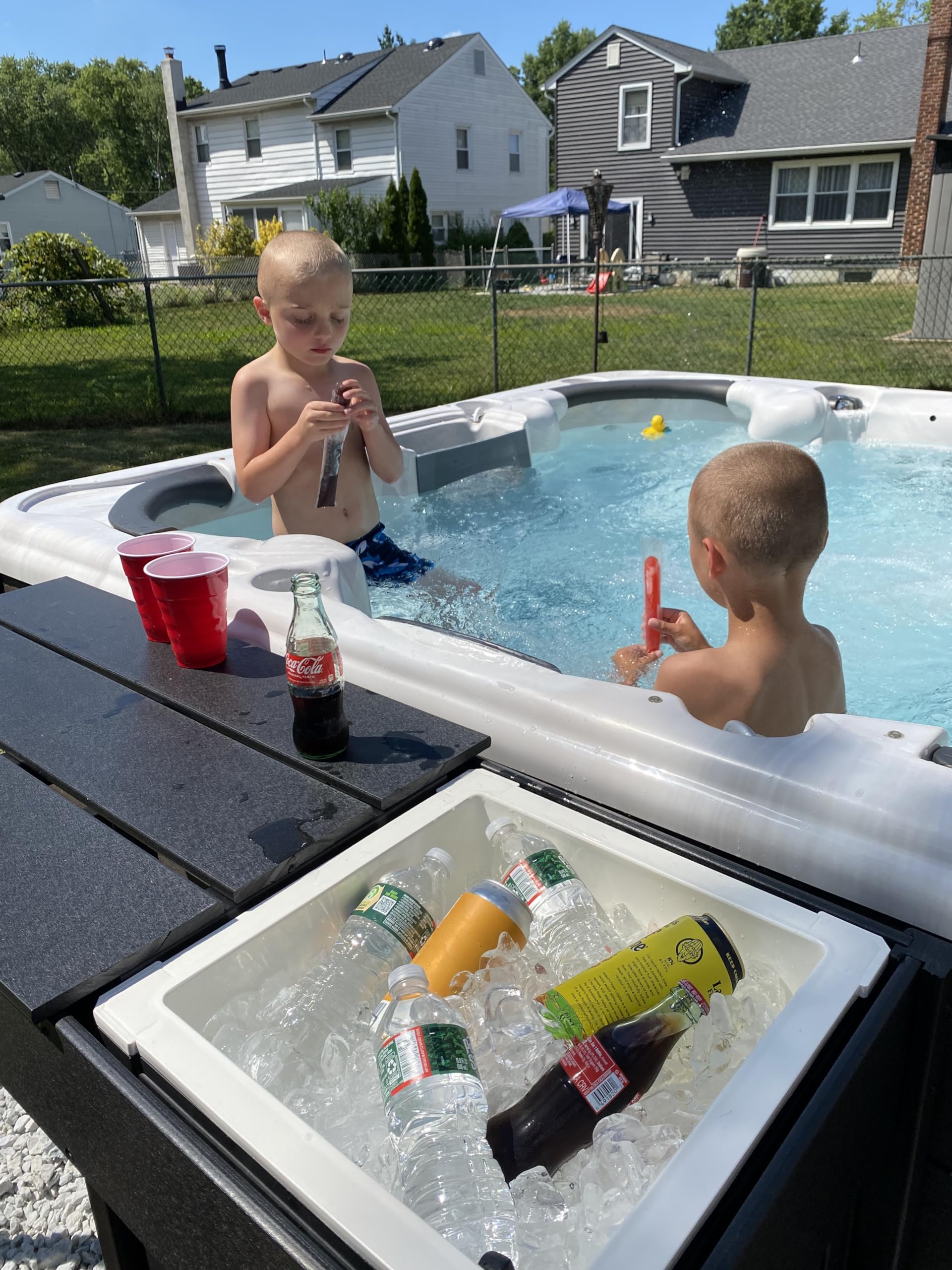 Spatender Patio Bar Table- Hot tub Side Tabel with Ice Cooler/Towel Warmer, Phone and Tablet Stand with Rustproof Extruded Aluminum Frame and Marine Grade Polimer Top 20 yr Warrantee