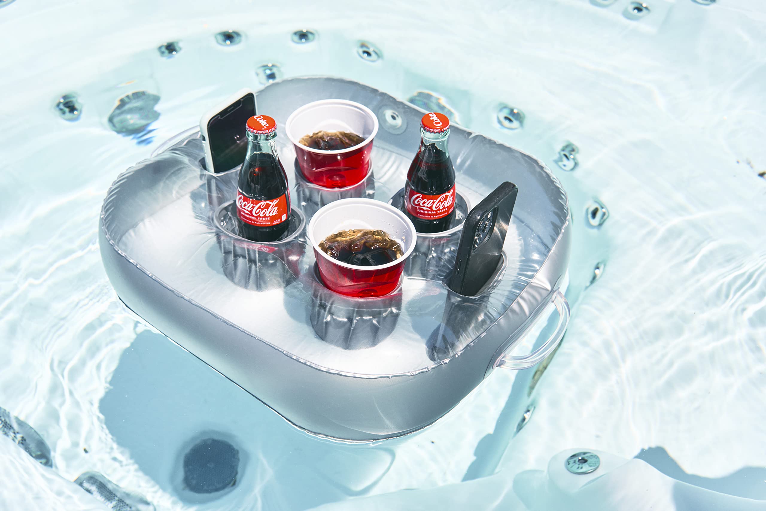 Luxury Inflatable Floating Drink Holder for Pool and Hot tub Holds Food, Drink, Phone Cups, Beer Pong Cups, for Parties, Romance, & Beach Great Gift for Hot Tub Owners (Sliver)