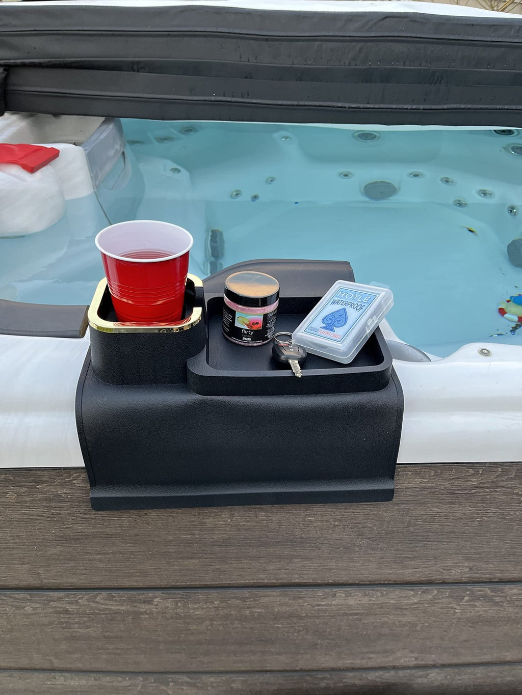 Silicone Cup Holder and Tray for Sofa or Couch Arm or Hot Tub - Holds Coffee Mugs, Water Bottles, Beer and Soda Cans, Wine glasses, Enjoy relaxing with our Hot Tub Drink Holder and Sofa Tray" - Spa Tender Store-