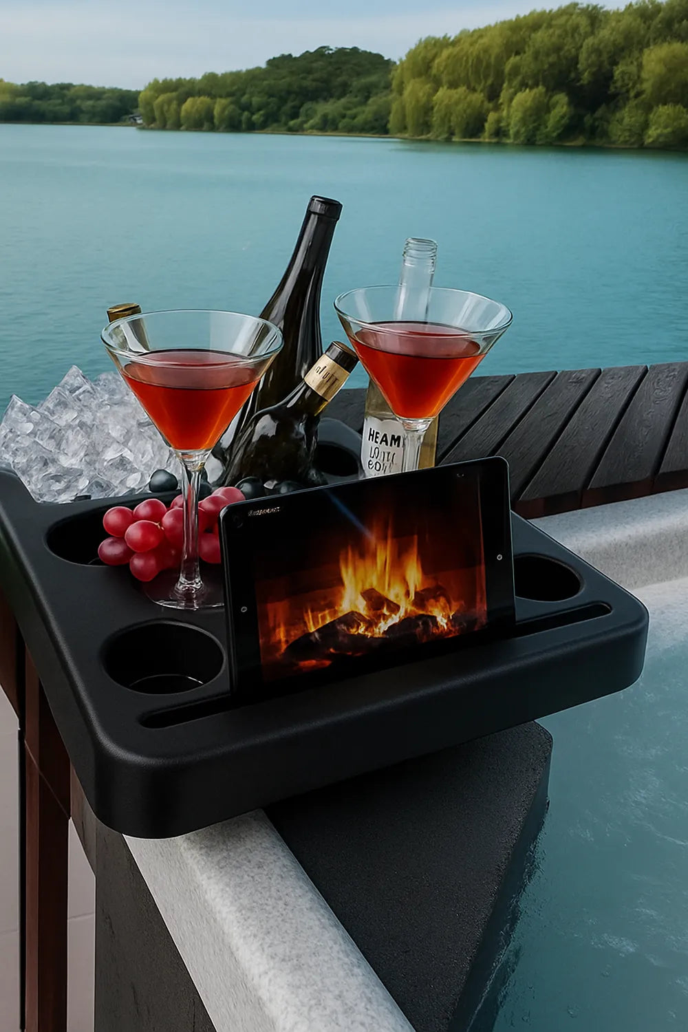 The Ultimate Hot Tub Tray .Enjoy Convenient Snacking and Drinks with This Combination Hot Tub Table, Drink Holder, Snack Tray, and Hot Tub Ice Bucket, Towel Holder, Phone Holder and Tablet Stand.